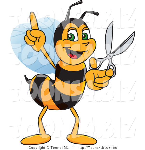 Vector Illustration of a Worker Bee Mascot Holding Scissors