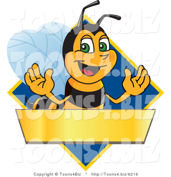 Vector Illustration of a Worker Bee Mascot Logo Mascot over a Blank Banner on a Blue Diamond