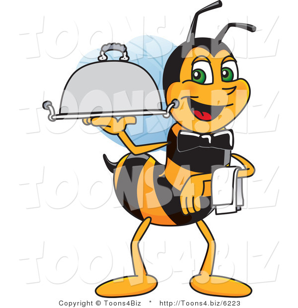 Vector Illustration of a Worker Bee Mascot Serving a Platter