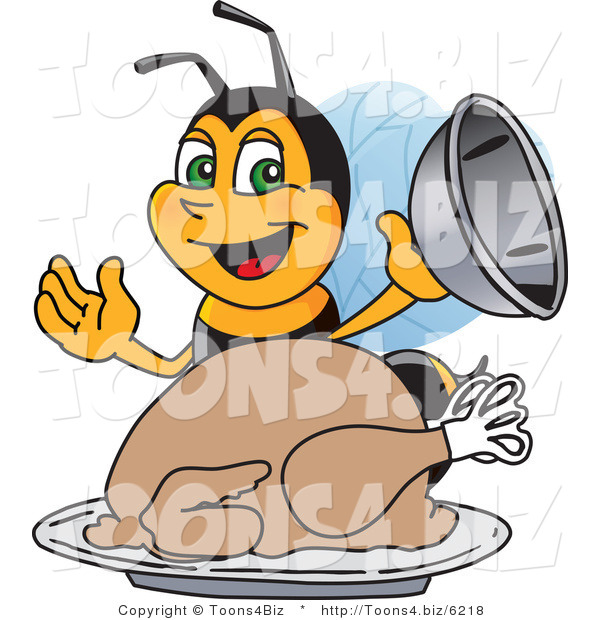 Vector Illustration of a Worker Bee Mascot Serving a Thanksgiving Turkey