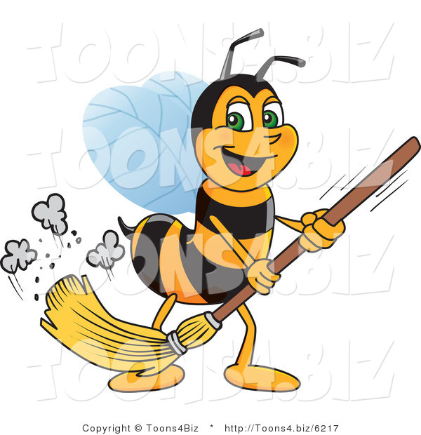 Vector Illustration of a Worker Bee Mascot Sweeping