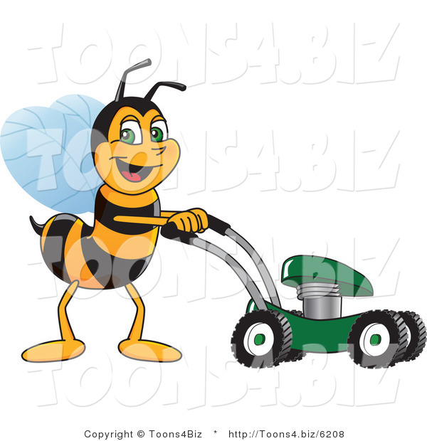 Vector Illustration of a Worker Bee Mascot Using a Lawn Mower