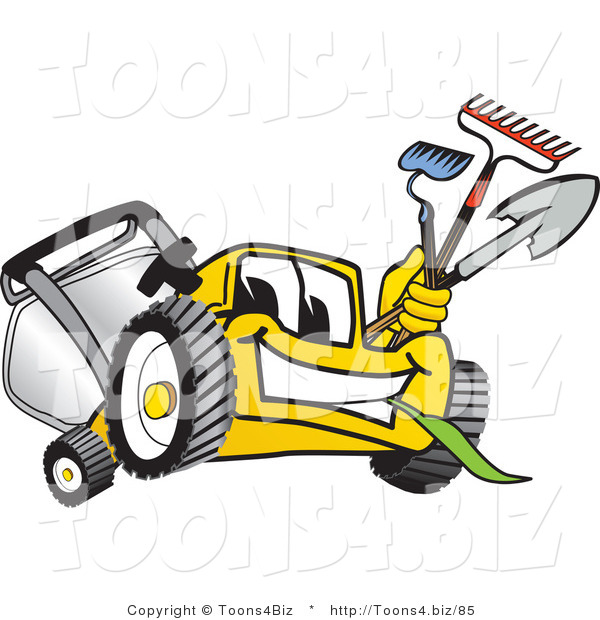 Vector Illustration of a Yellow Cartoon Lawn Mower Mascot Facing Front and Carrying Gardening Tools