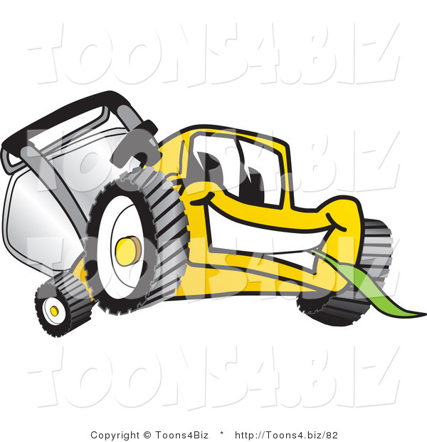 Vector Illustration of a Yellow Cartoon Lawn Mower Mascot Facing Front and Chewing on a Blade of Grass