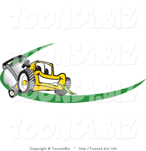 Vector Illustration of a Yellow Cartoon Lawn Mower Mascot Facing Front on a Logo or Nametag with a Green Dash