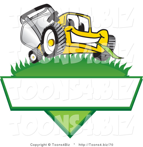 Vector Illustration of a Yellow Cartoon Lawn Mower Mascot on a Triangle Logo with a White Label