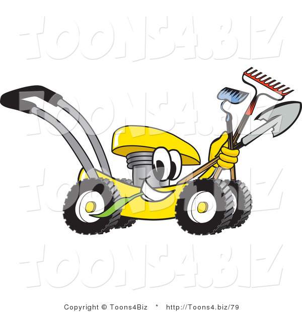 Vector Illustration of a Yellow Cartoon Lawn Mower Mascot Passing by and Carrying Gardening Tools