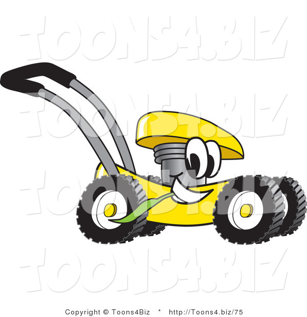 Vector Illustration of a Yellow Cartoon Lawn Mower Mascot Passing by and Chewing on Grass