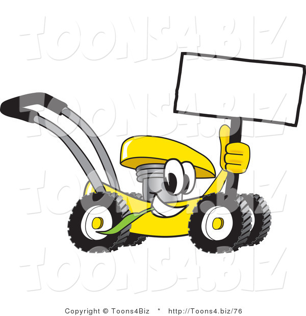 Vector Illustration of a Yellow Cartoon Lawn Mower Mascot Passing by and Holding a Blank Sign
