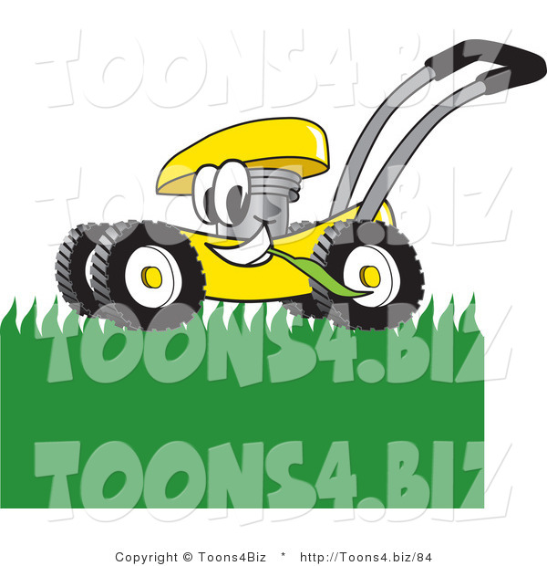 Vector Illustration of a Yellow Cartoon Lawn Mower Mascot Passing by and Mowing Grass