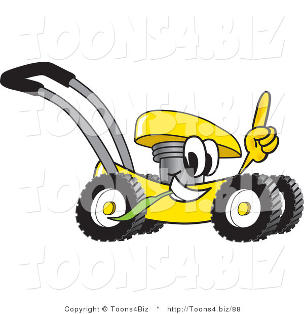 Vector Illustration of a Yellow Cartoon Lawn Mower Mascot Passing by and Pointing Upwards