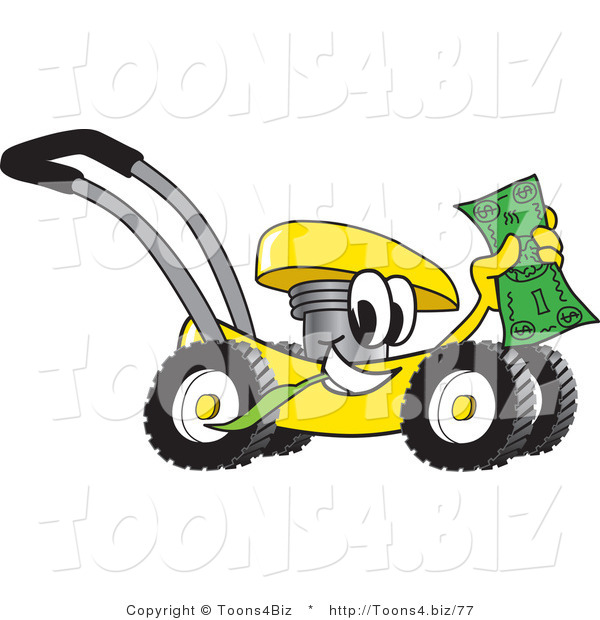 Vector Illustration of a Yellow Cartoon Lawn Mower Mascot Passing by and Waving Cash in the Air