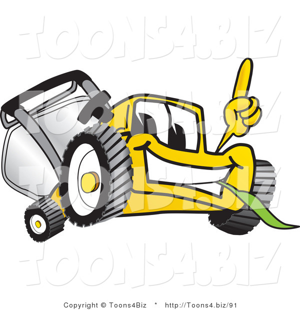 Vector Illustration of a Yellow Cartoon Lawn Mower Mascot Pointing Upwards