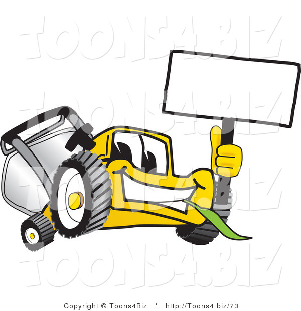 Vector Illustration of a Yellow Cartoon Lawn Mower Mascot Waving a Blank Sign