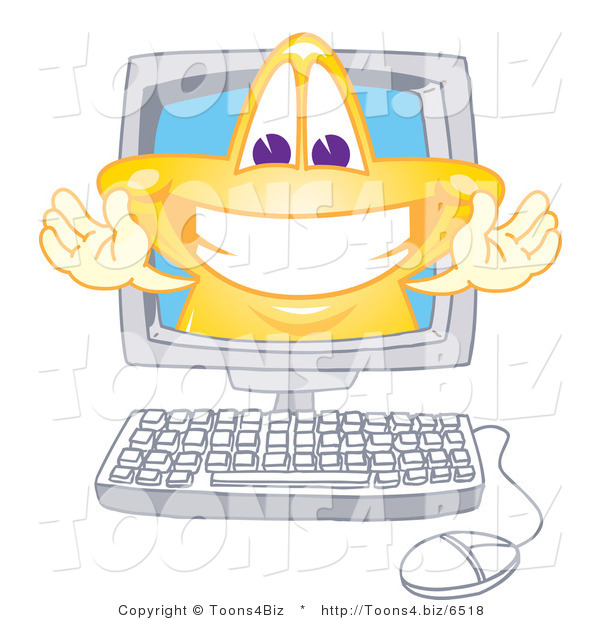 Vector Illustration of a Yellow Cartoon Star Mascot Grinning on a Computer Screen