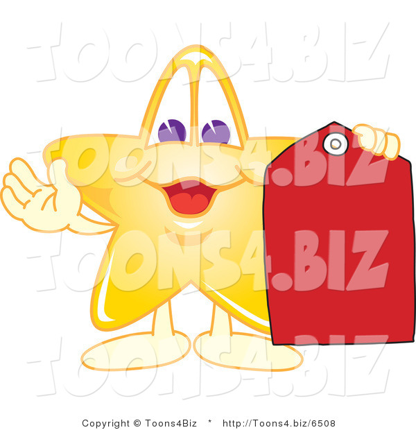 Vector Illustration of a Yellow Cartoon Star Mascot Holding a Red Price Tag