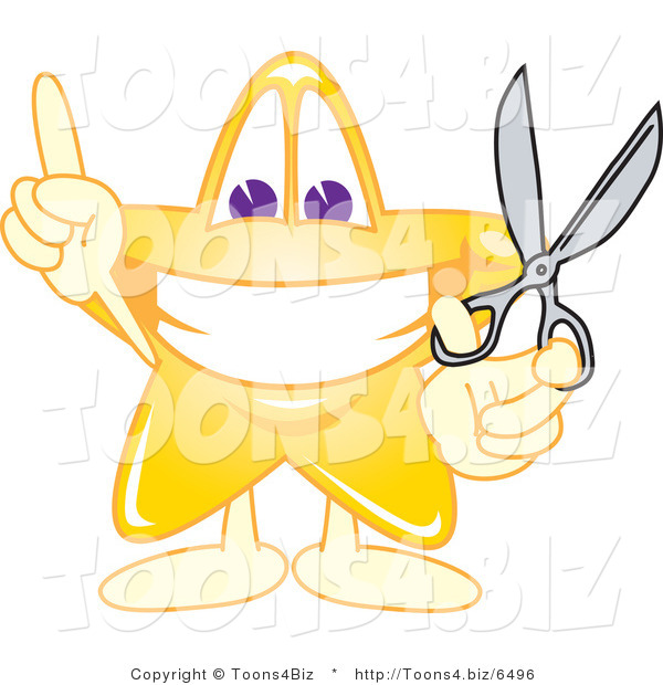 Vector Illustration of a Yellow Cartoon Star Mascot Holding Scissors