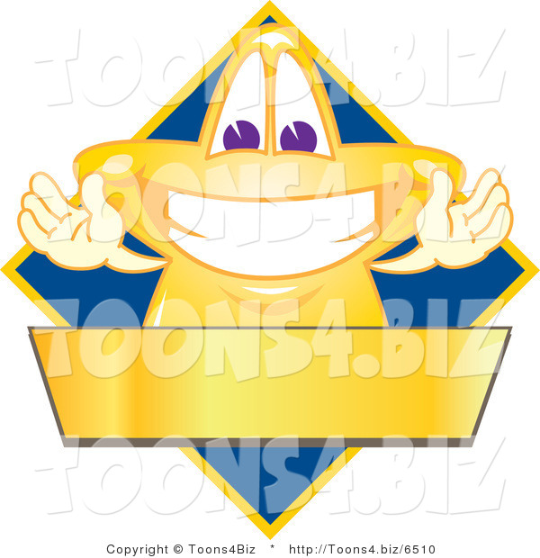 Vector Illustration of a Yellow Cartoon Star Mascot Logo over a Blue Diamond and Blank Gold Banner