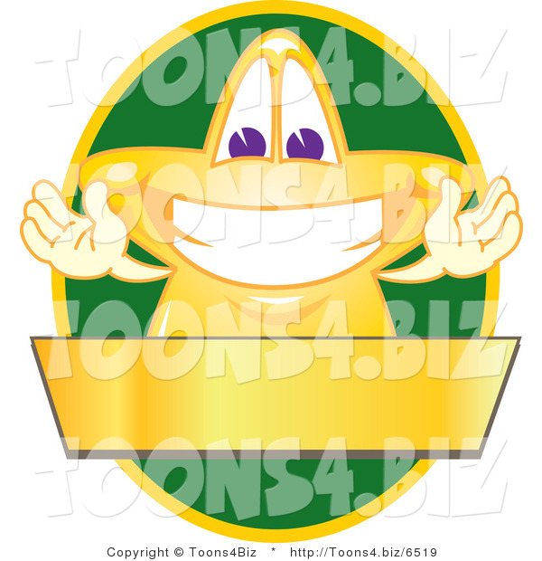 Vector Illustration of a Yellow Cartoon Star Mascot Logo over a Green Oval and Blank Gold Banner
