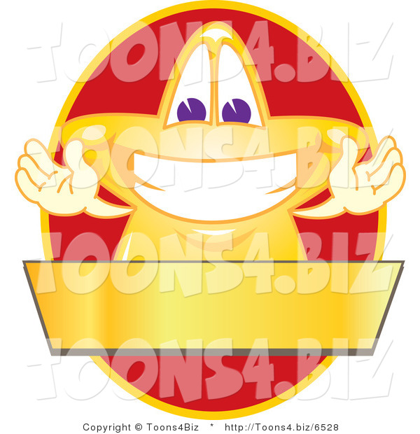 Vector Illustration of a Yellow Cartoon Star Mascot Logo over a Red Oval and Blank Gold Banner