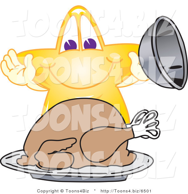 Vector Illustration of a Yellow Cartoon Star Mascot Serving a Thanksgiving Turkey