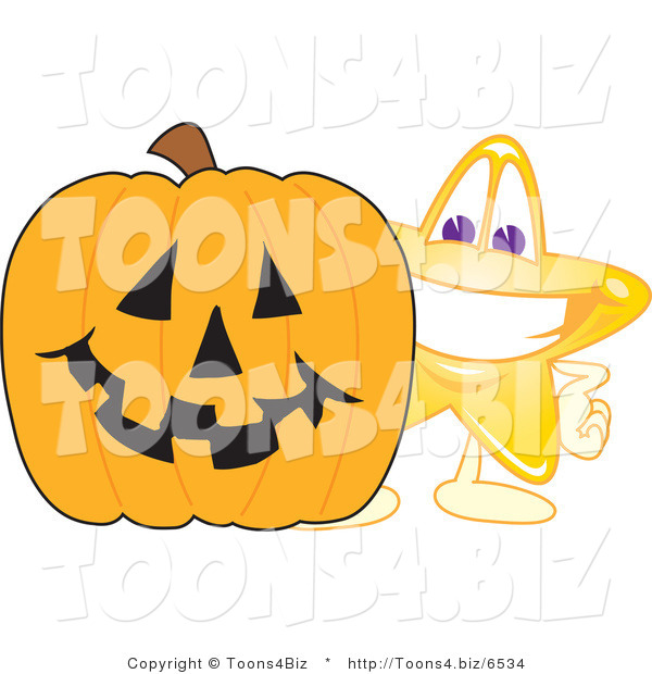 Vector Illustration of a Yellow Cartoon Star Mascot Standing by a Halloween Pumpkin