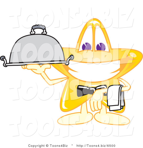 Vector Illustration of a Yellow Cartoon Star Mascot Waiter Serving a Platter