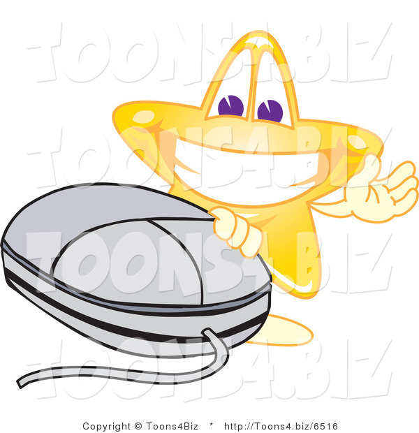 Vector Illustration of a Yellow Cartoon Star Mascot Waving by a Computer Mouse