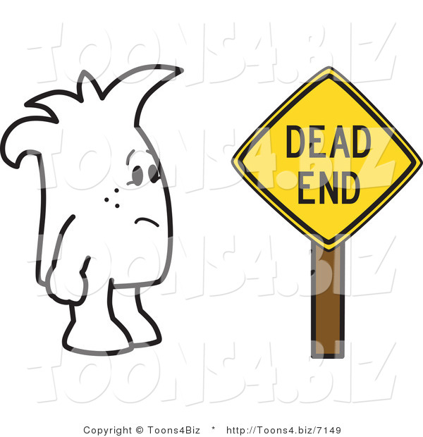 Vector Illustration of an Outlined Cartoon Character Standing in Front of Dead End Sign