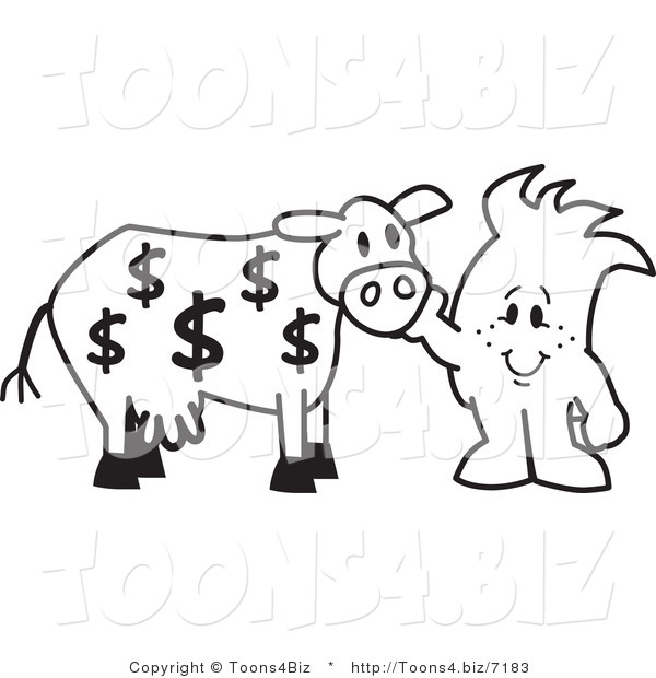 Vector Illustration of an Outlined Cartoon CharacterPetting Cash Cow with Dollar Signs
