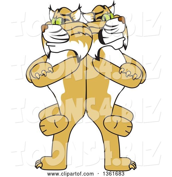 Vector Illustration of Bobcat Mascots Standing Back-to-Back and Leaning on Each Other, Symbolizing Loyalty