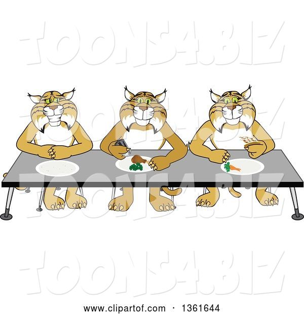 Vector Illustration of Cartoon Bobcat Mascots Eating Together, Symbolizing Respect