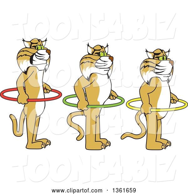 Vector Illustration of Cartoon Bobcat Mascots Holding Hoops and Standing in Line, Symbolizing Respect of Personal Space