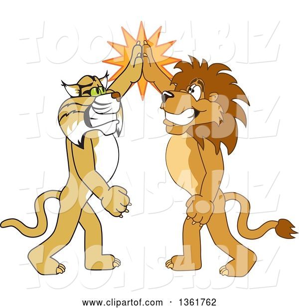 Vector Illustration of Cartoon Lion and Bobcat Mascots High Fiving, Symbolizing Sportsmanship