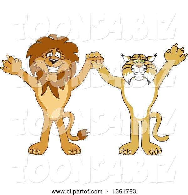 Vector Illustration of Cartoon Lion and Bobcat Mascots Holding Hands and Cheering, Symbolizing Sportsmanship