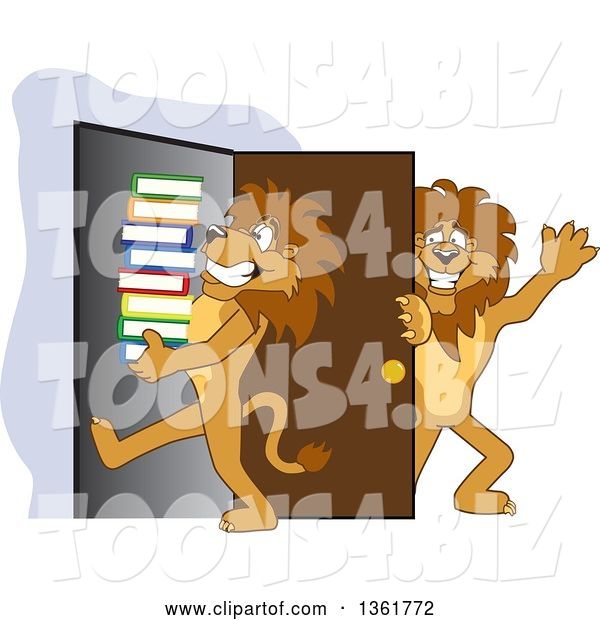 Vector Illustration of Cartoon Lion Mascot Holding a Door Open for a Friend Carrying a Stack of Books, Symbolizing Compassion