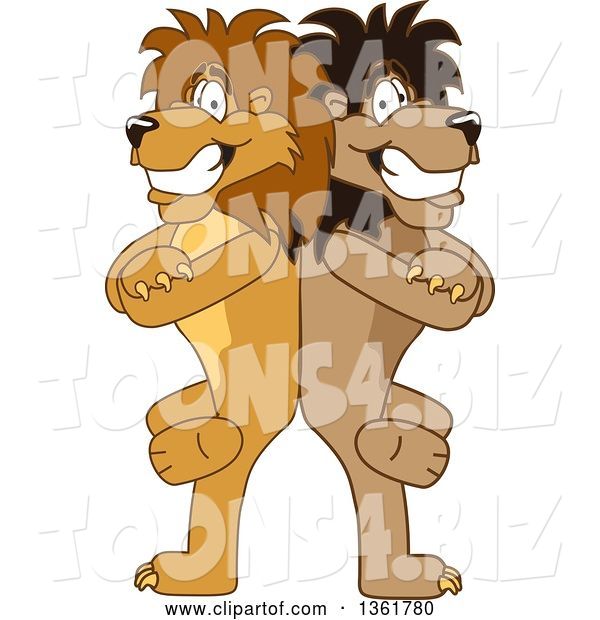 Vector Illustration of Cartoon Lion Mascot Standing Back to Back and Leaning on Each Other, Symbolizing Loyalty