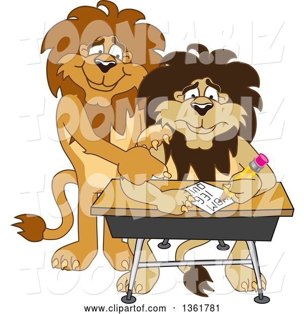 Vector Illustration of Cartoon Lion Mascot Tutoring a Worried Student, Symbolizing Compassion