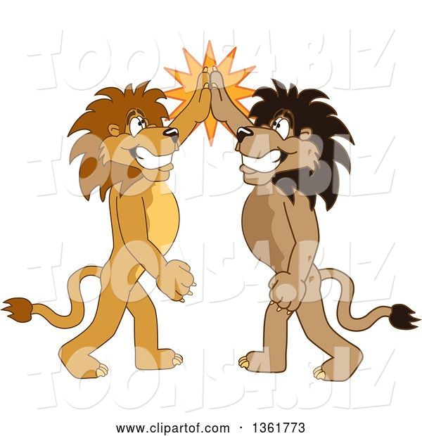 Vector Illustration of Cartoon Lion Mascots High Fiving, Symbolizing Pride