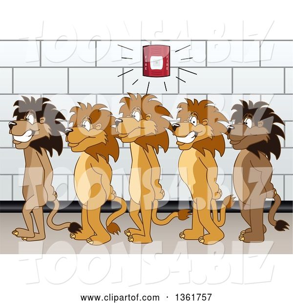 Vector Illustration of Cartoon Lion Mascots in Line During a Fire Drill, Symbolizing Safety
