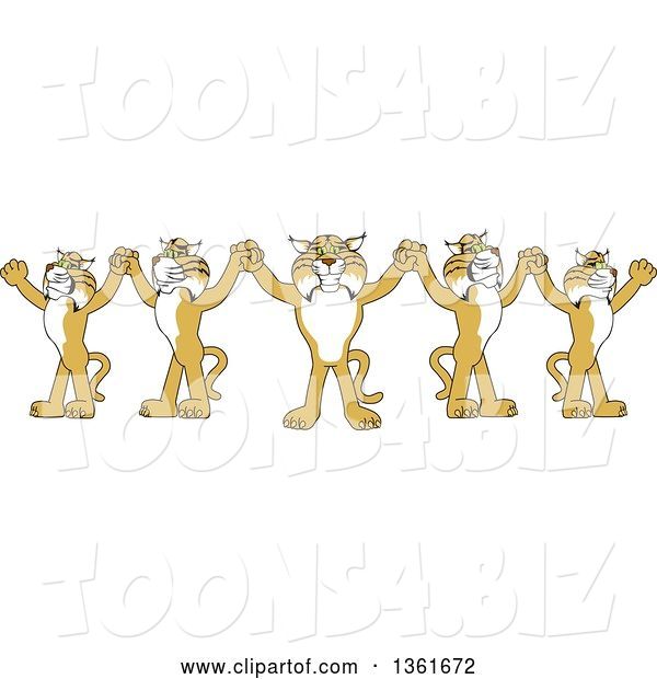 Vector Illustration of Cartoon Team of Bobcat Mascots Holding Hands, Symbolizing Leadership