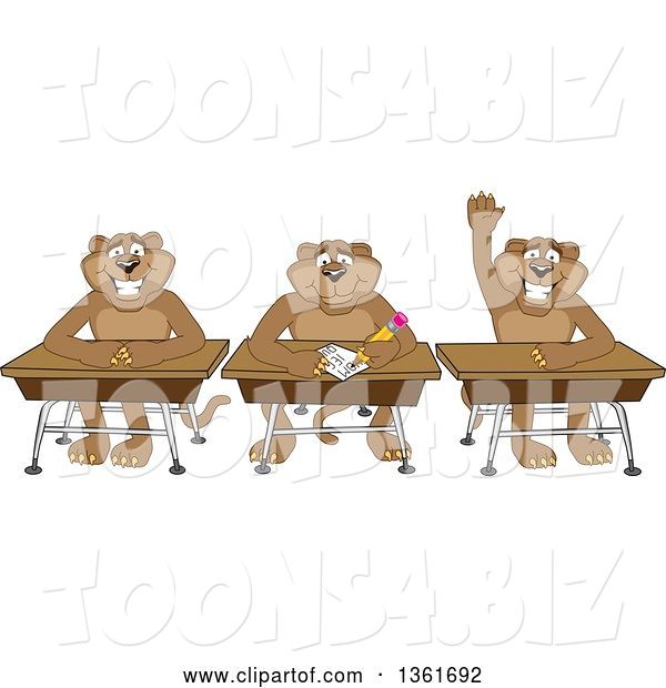 Vector Illustration of Cougar School Mascots Sitting at Desks, One Raising His Hand, Symbolizing Respect