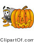 Illustration of a Bowling Ball Mascot with a Carved Halloween Pumpkin by Mascot Junction
