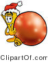 Illustration of a Cartoon Admission Ticket Mascot Wearing a Santa Hat, Standing with a Christmas Bauble by Mascot Junction