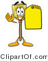 Illustration of a Cartoon Broom Mascot Holding a Yellow Sales Price Tag by Mascot Junction