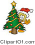 Illustration of a Cartoon Broom Mascot Waving and Standing by a Decorated Christmas Tree by Mascot Junction