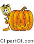 Illustration of a Cartoon Broom Mascot with a Carved Halloween Pumpkin by Mascot Junction
