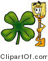 Illustration of a Cartoon Broom Mascot with a Green Four Leaf Clover on St Paddy's or St Patricks Day by Mascot Junction