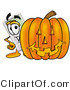 Illustration of a Cartoon Calculator Mascot with a Carved Halloween Pumpkin by Mascot Junction