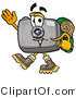 Illustration of a Cartoon Camera Mascot Hiking and Carrying a Backpack by Mascot Junction